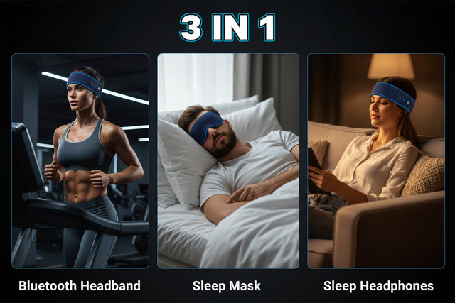 3-in-1 sleep mask with Bluetooth headband and sleep headphones on people in various settings.