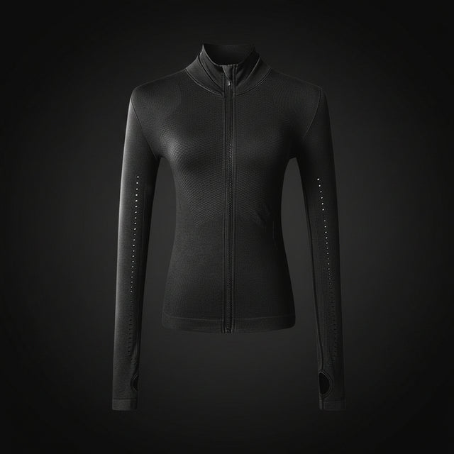 Black zip-up jacket with studded details on a white background
