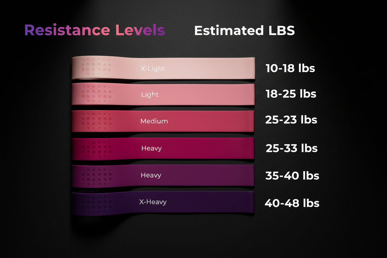 Set of resistance bands with labeled resistance levels on a white background