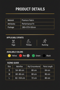 Product specifications table for fabric material, package size, and sizing chart on a white background.