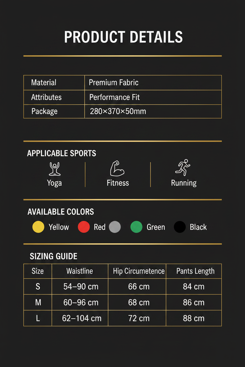 Product specifications table for fabric material, package size, and sizing chart on a white background.