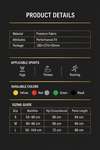 Product specifications table for fabric material, package size, and sizing chart on a white background.