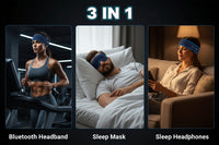 3-in-1 sleep mask with Bluetooth headband and sleep headphones on people in various settings.