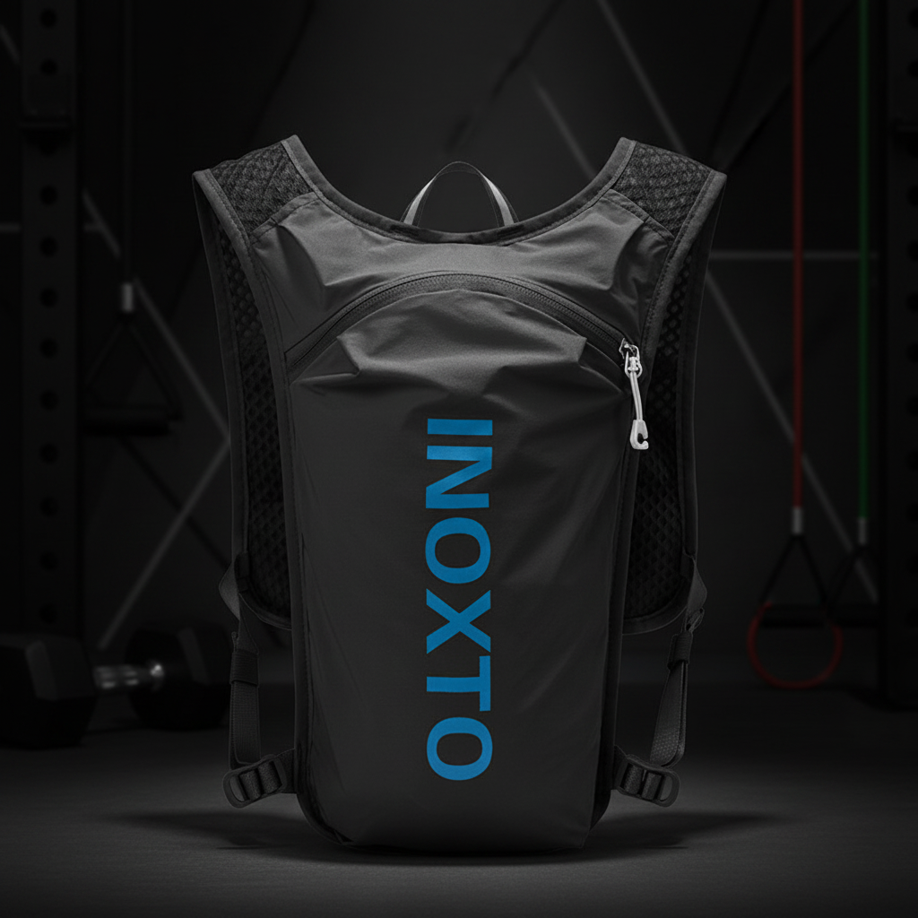 Black hydration backpack with 'INOXTO' branding on a white background