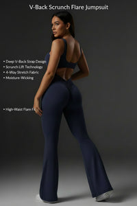 Navy blue jumpsuit worn by a person on a white background