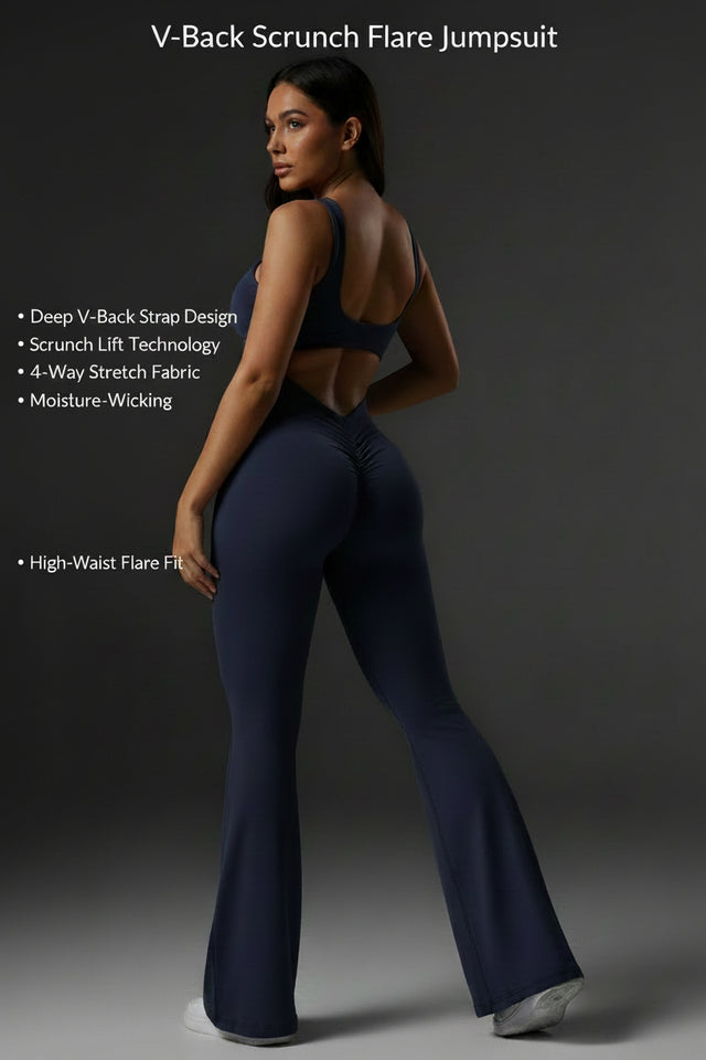 Navy blue jumpsuit worn by a person on a white background
