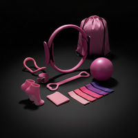 Collection of pink fitness equipment including resistance bands, a ball, and a drawstring bag on a white background.