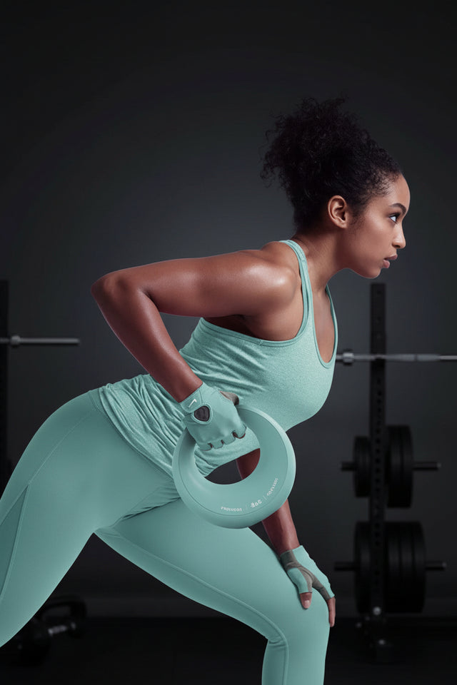 Woman exercising with a weight plate agai