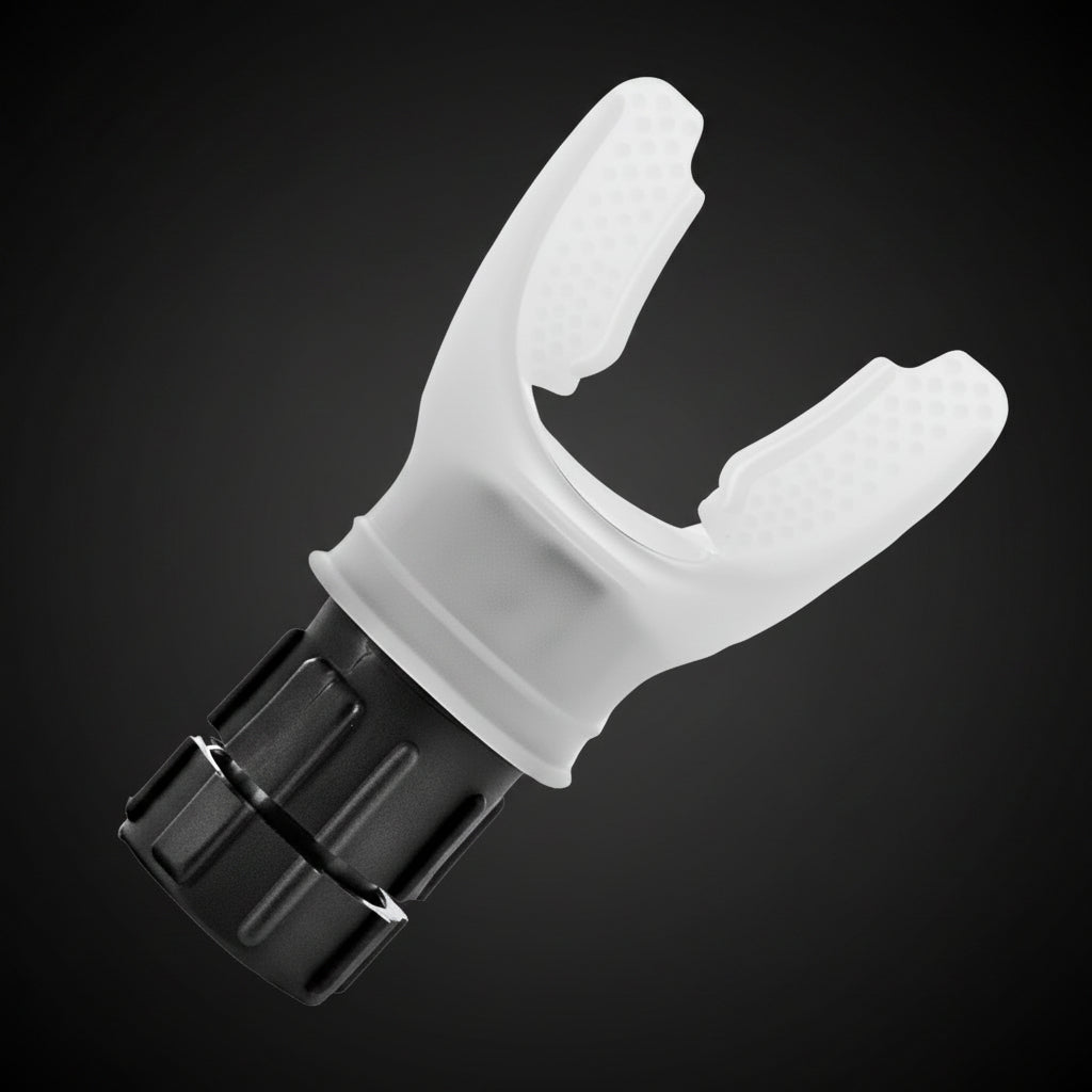 White plastic valve with black connector on a white background