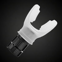 White plastic valve with black connector on a white background