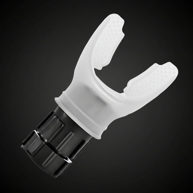 White plastic valve with black connector on a white background