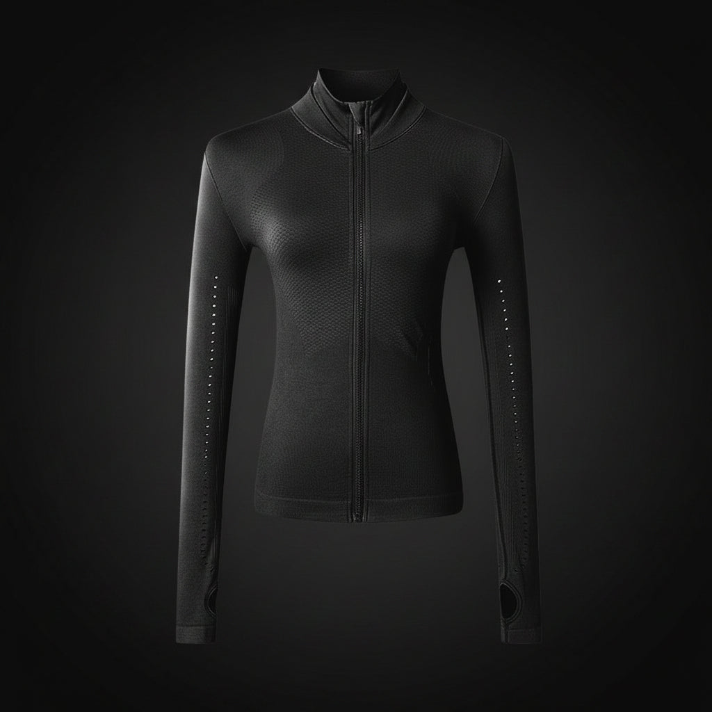 Black zip-up jacket with studded details on a white background