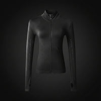 Black zip-up jacket with studded details on a white background