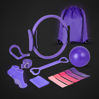Collection of purple fitness tools including an exercise ball, resistance bands, and a drawstring bag on a white background.
